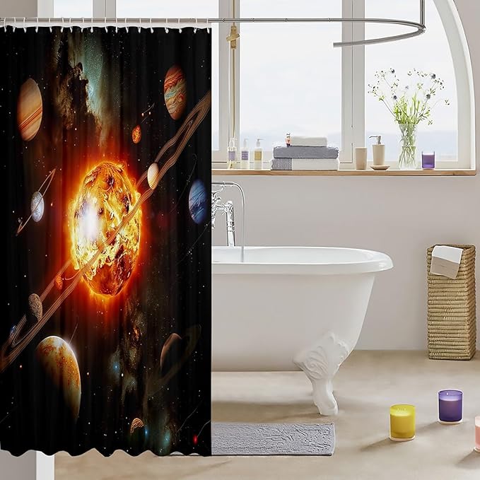 Solar System Bath Curtain Outer Space Shower Curtain for Kids Universe Planets Bathroom Shower Curtain Set Waterproof Decor Cosmos Orange Blue Kids Bathroom Accessories 72"x78"
