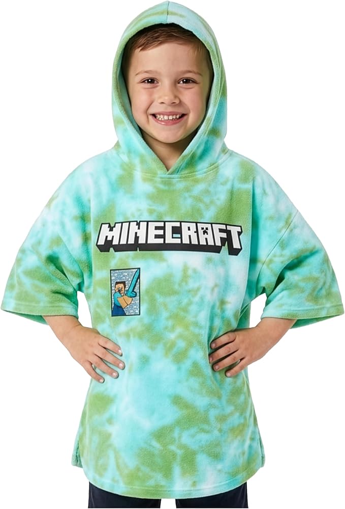 Minecraft Towelling Poncho Kids Teens Hooded Bath Towels Absorbent Beach Towel (Green Tie Dye, 10-13 Years)