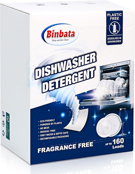 Binbata Eco Dishwasher Detergent Sheets Up To 160 Loads, Unscented Plastic Free Dishwashing Soap Strips With High Efficient Solid Enzyme, Leaving Dishes Sparkling Clean