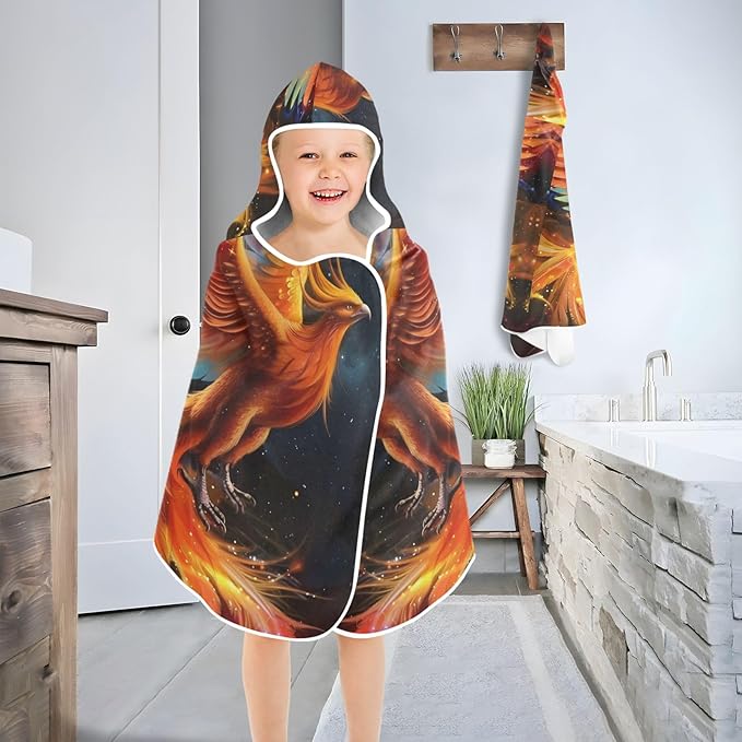 Hooded Towel for Kids Majestic Phoenix Soaring Through The Night Sky Beach Wrap Bath Towels 50x23.5in