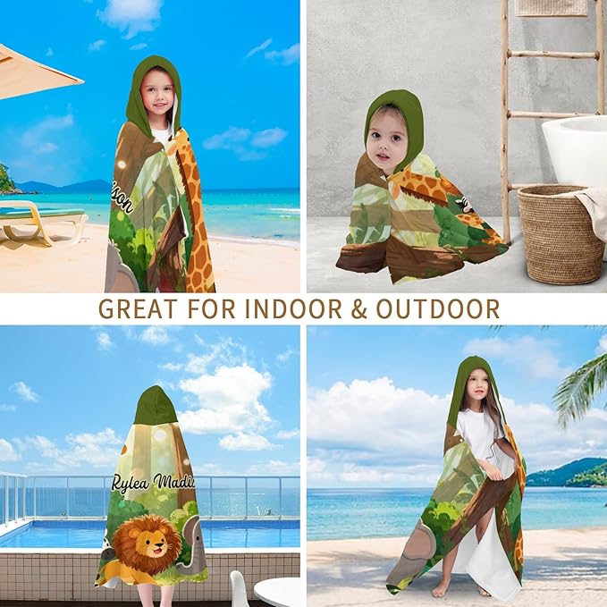 Jungle Giraffe Lion Zebra Personalized Hooded Towel Absorbent Wrap Soft Pool Beach Bath Towels Hood Poncho for 5-12 Years Kids Boys Girls