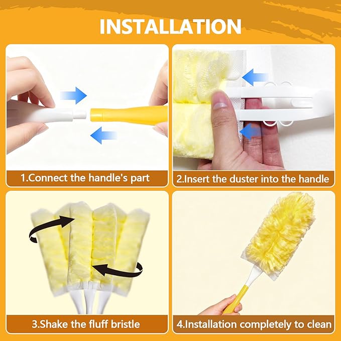 60 Pack Duster Refills Kit Disposable for Swiffer Duster Handle,360° Deep Cleaner Heavy Duty Replacement with 1 Handle,for Home, Blinds, Car, Pet, Furniture, Fans(Yellow)