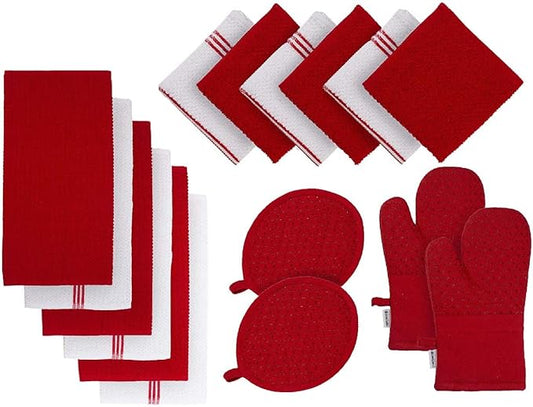 LANE LINEN 16 Pc Kitchen Dish Towels Set - 6 Absorbent Terry Kitchen Hand Towels, 6 Dish Cloths for Washing Dishes, 2 Silicone Grip Potholders & 2 Silicone Oven Mitts - Red