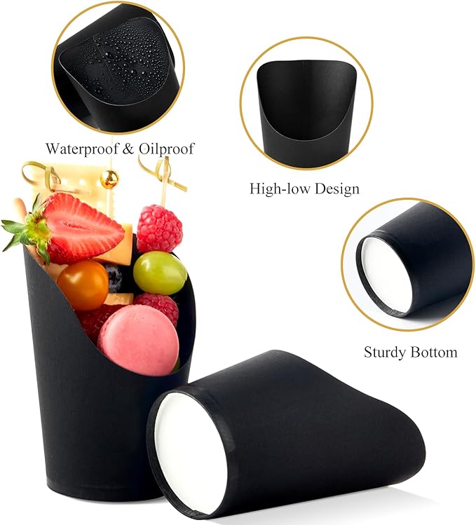 ZORRITA 50 Sets 14 oz Charcuterie Cups with Sticks and Bags, Individual Black Paper Charcuterie Boxes Disposable Individual Appetizer Serving Cups (50 Cups + 200 Cocktail Picks + 50 Bags + 50 Ties)