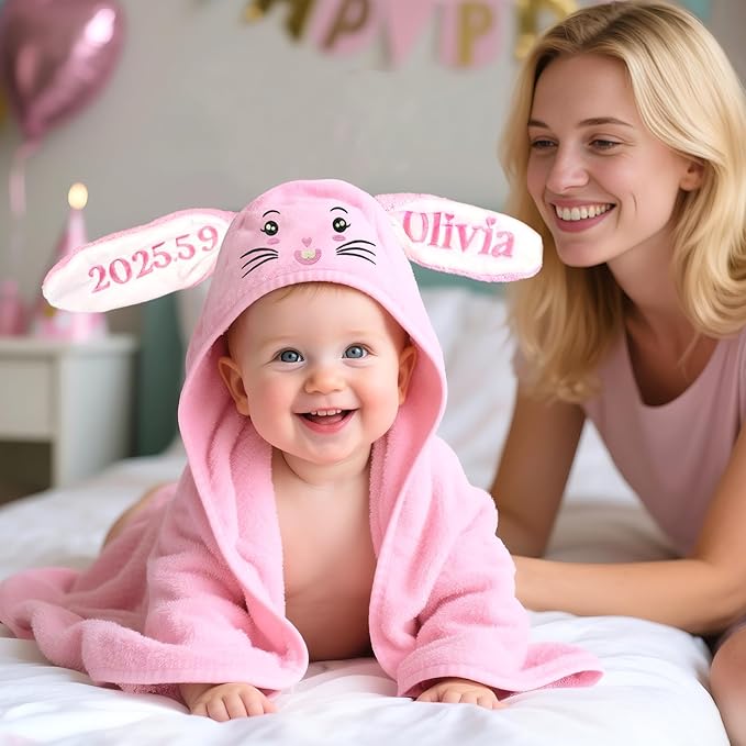 Baosity Custom Hooded Bath Towel for Babies,Soft Highly Absorbent Bunny Baby Towel with Name,Baby Towels for Newborn,Personalized Baby Shower Easter Birthday Gifts for Toddler Girls Boys