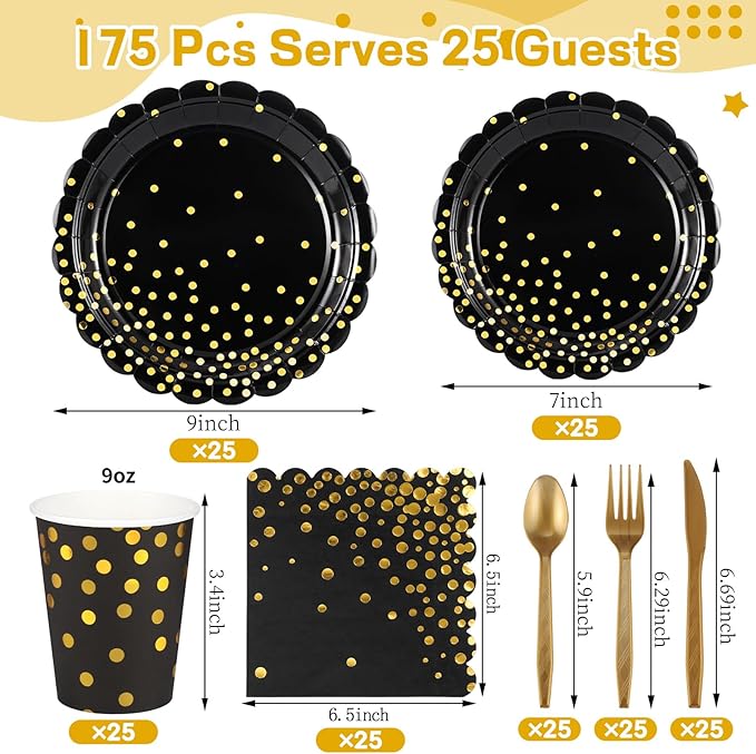 175 Pcs Black and Gold Plates and Napkins, Disposable Black Gold Dinnerware Include Scalloped Party Plates Napkin Cups Plastic Cutlery for Men Birthday Graduation Retirement Congratulations