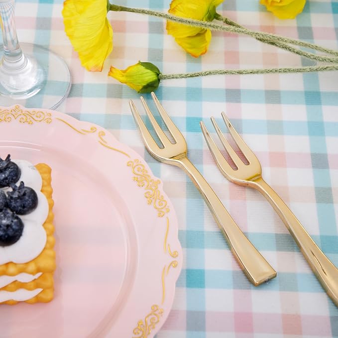 LIYH 100 Pcs Pink Gold Dessert Plates - 100 Pcs Gold Plastic Forks,Cake Plates Disposable with Forks,Appetizer Plates,Bridal Shower Party Plates for Birthday Wedding Party Mothers Day