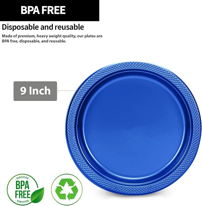 Blue Plastic Plates 9 Inch - 50 count - Plastic Solid Round Party Plates For Weddings, BBQs, Birthday Plates - Disposable Blue Plates - Plastic Dessert Plates