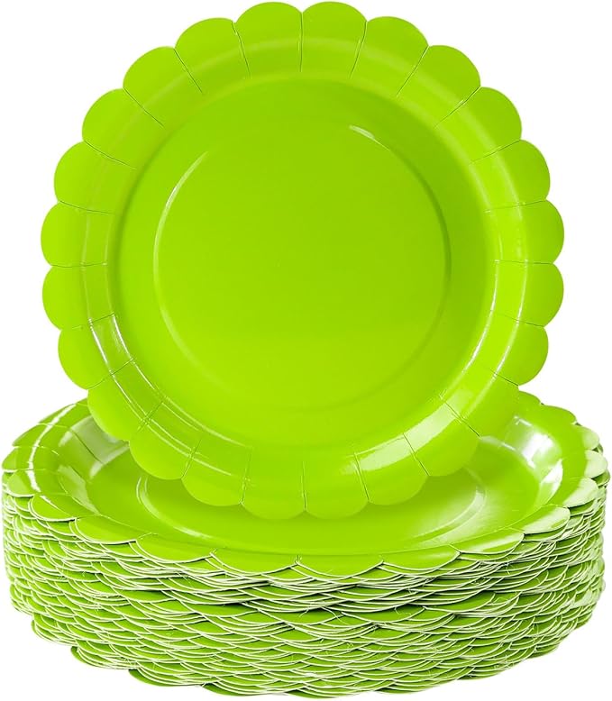 HEIPINIUYE 25 Pieces Lime Green Paper Plates 9 Inch Green Scalloped Plates Disposable Dinner Plates for Wedding Baby Shower Birthday Halloween Party Dessert Plates