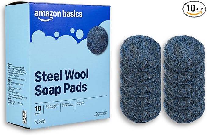 Amazon Basics Steel Wool Soap Pads, Reusable, Cuts Grease and Removes Rust, 10 Count, Pack of 1
