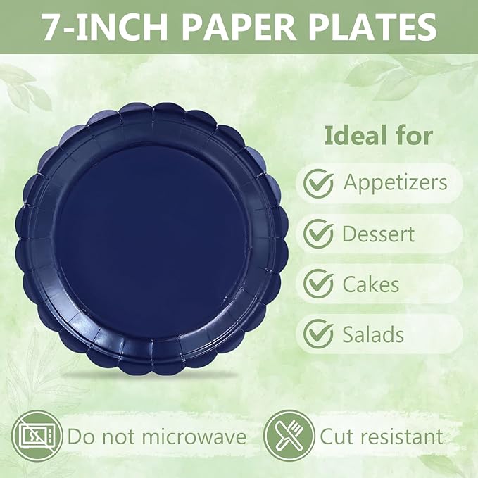 Mulbozy 75 Navy Blue Plates and Napkins Disposable Set Includes 25 Dessert Cake Scalloped Plates, Cocktail Napkins & Forks, for Fork 25 Guests Holiday Party Supplies.