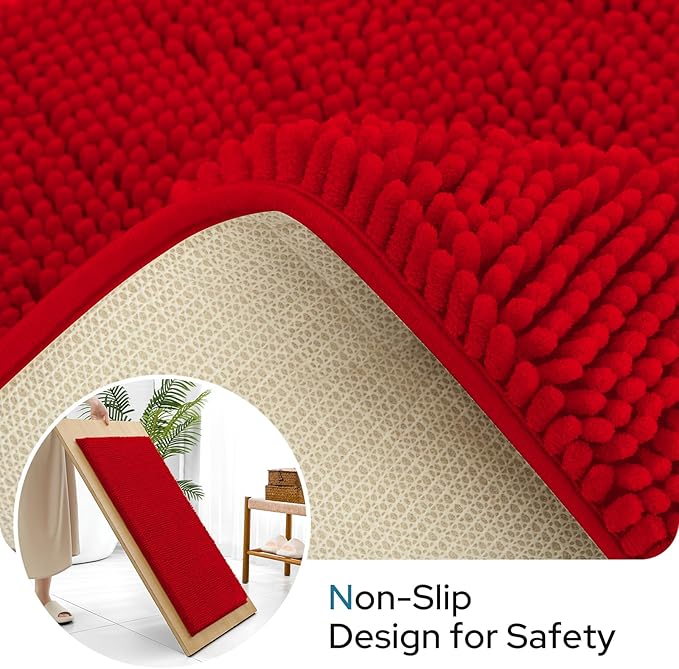 BYSURE Red Bathroom Rugs Sets 3 Piece with Toilet Lid Cover Non Slip Extra Absorbent Plush Chenille Soft Washable Bath Mats