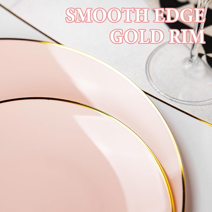 Lullaby 100PCS Pink and Gold Plastic Plates, Disposable Pink Plastic Plate with Gold Rim, 50PCS Dessert Plates 7" and 50PCS Dinner Plates 10", Perfect for Party Wedding and Daily Use