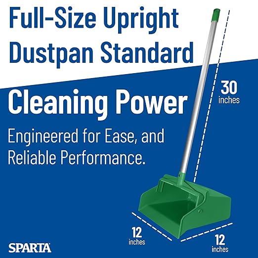 SPARTA Upright Dustpan with Aluminum Handle, Serrated Edge for Broom Combing, Secure Yoke Lock with Easy Storage Hanging Hole for Commercial Cleaning, Plastic, 30 Inches, Green
