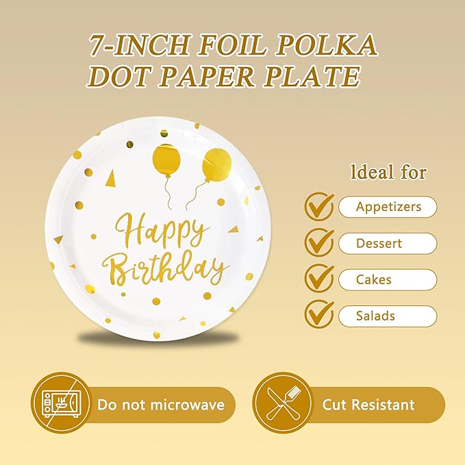 75 Pcs Happy Birthday Paper Plates,Serves 25 Guests White Gold Plates and Napkins with Gold Forks,Disposable Paper Tableware Set for Birthday Party Decorations