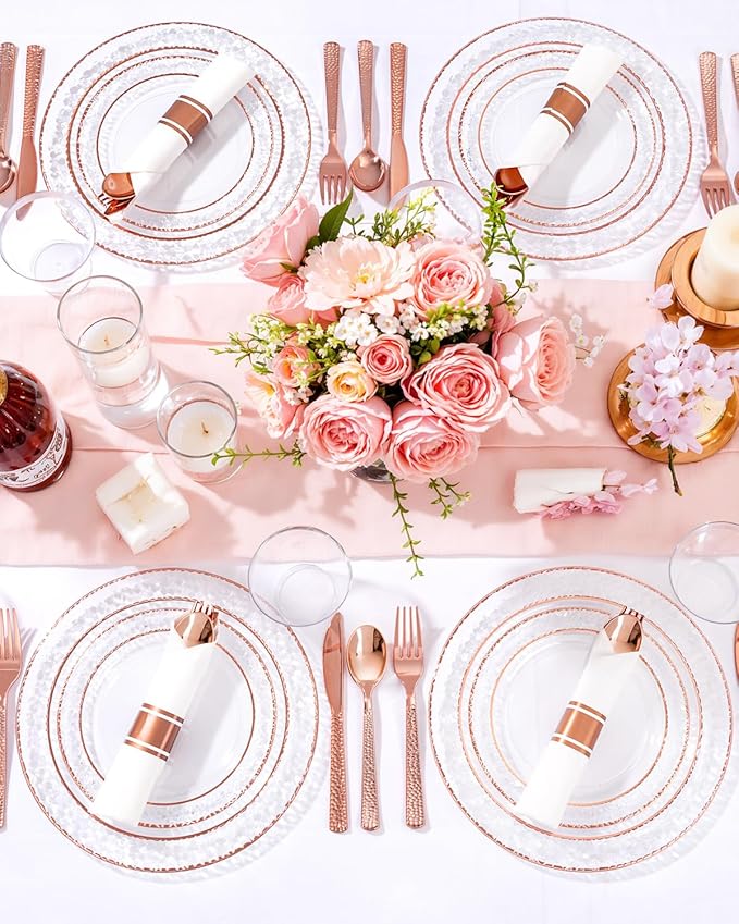 Ciaell 350PCS Rose Gold Plastic Plates - Clear Rose Gold Disposable Plates with Plastic Silverware include 100Plates, 150Silverware, 50Cups, 50Napkins for Wedding & Party
