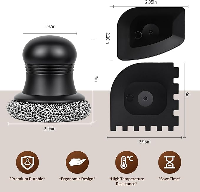 316 Upgraded Cast Iron Scrubber with Pan Scraper,Cast Iron Cleaner for Grill Pan Skillet Wok Carbon Steel,Ergonomic to Hold Easy to Use Dishwasher Safe ((Small Chainmail,2pcs))