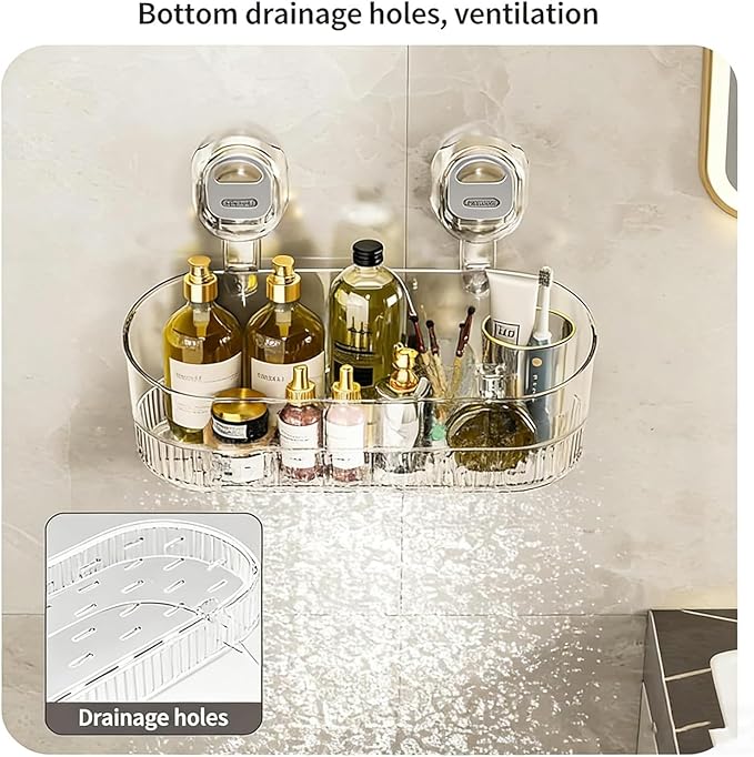 No-Drill Bathroom Suction Storage Box – Large Capacity & Strong Load-Bearing, No Drill Bathroom Shelves Storage with Drain Holes (1, Gray)