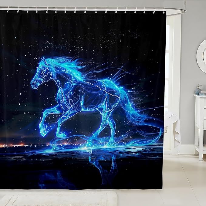 Blue Horse Waterproof Shower Curtains Luxury Heavy Fabric Bathroom Shower Curtain Lightning Horse Hotel Home Dorm Bathtubs Decor Shower Curtain Machine Washable Grommet Curtain 72 x 84 Inch