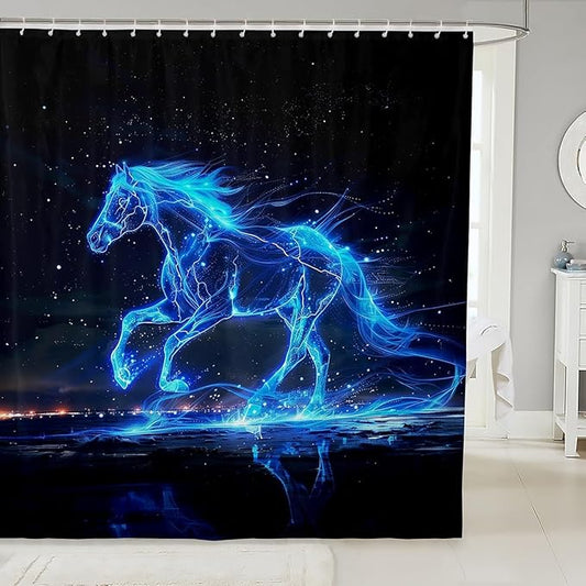 Blue Horse Waterproof Shower Curtains Luxury Heavy Fabric Bathroom Shower Curtain Lightning Horse Hotel Home Dorm Bathtubs Decor Shower Curtain Machine Washable Grommet Curtain 72 x 84 Inch