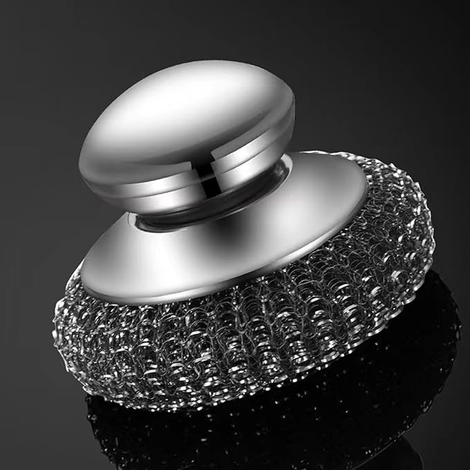 2Pack Steel Wool Dish Scrubber, Stainless Steel Dish Brush with Ergonomic Stainless Steel Handle, for Cleaning Dishes, Cast Iron, Stock Pots, Pans, Griddles, Grills