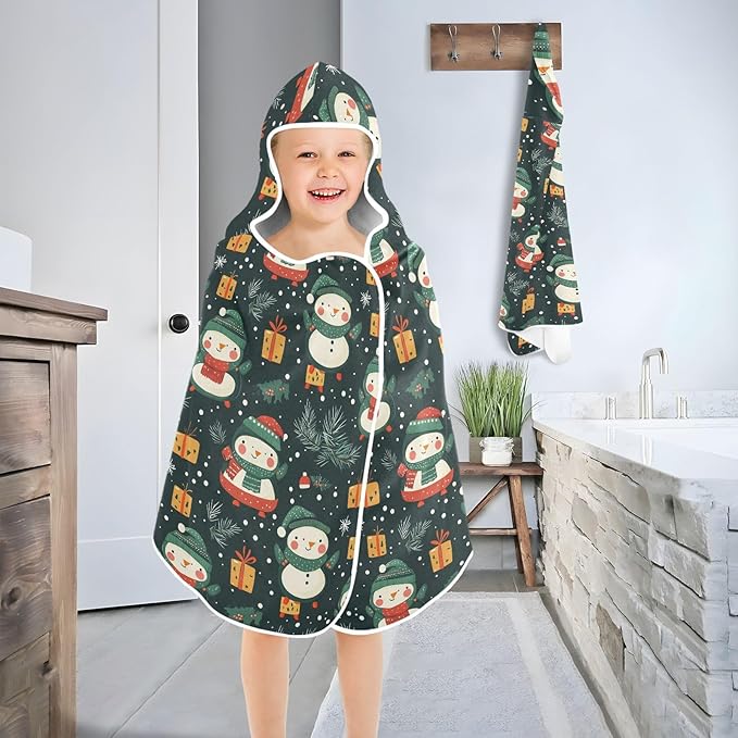 Kids Beach Towels Cartoon Cute Snowman Christmas Green Hooded Towels for Kids Absorbent Bath Towels with Hood