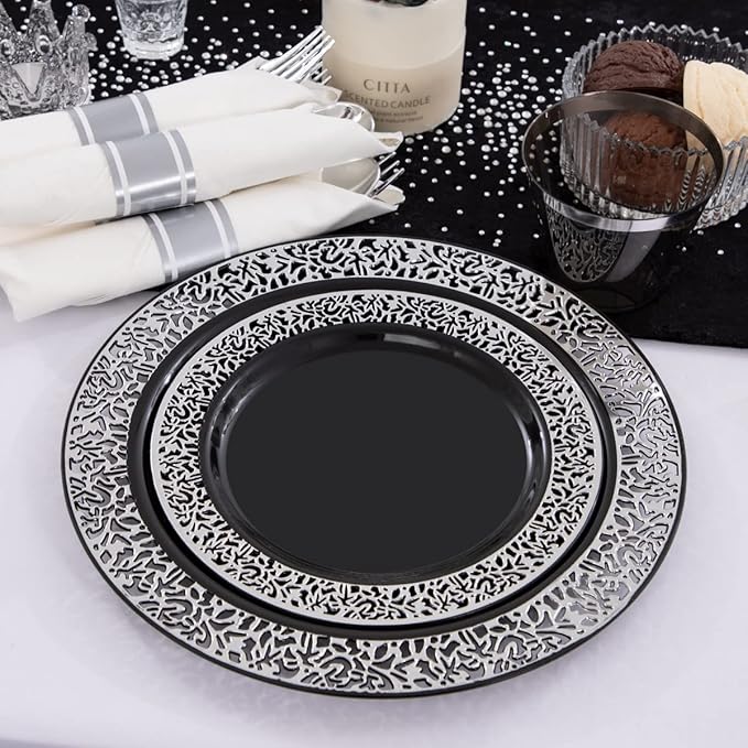NOCCUR 210PCS Black and Silver Dinnerware Set for 30 Guests - Black Plastic Plates with Silver Rim Include 30 Dinner / 30 Dessert Plates, 30 Prewrapped Silverware, 30 Cups Ideal for Party/Graduation
