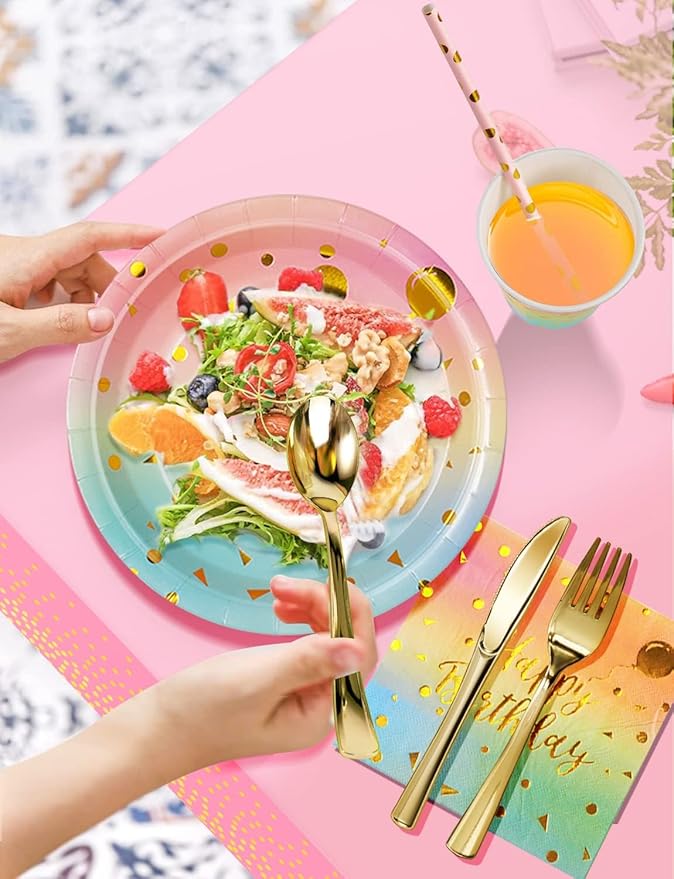 Nkaiso Birthday Party Tableware, 161 Pieces Rainbow gold Party Supplies, Party Dinnerware Sets Include Paper Plates Napkins Cups Silverware, for Shower Engagement Parties Decoration -20 Serves