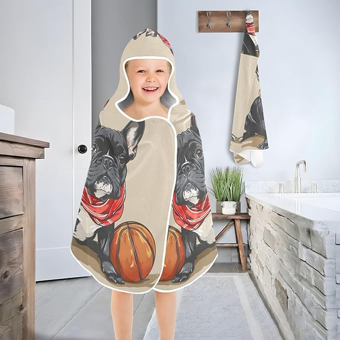Hooded Towel for Kids Bulldog and Basketball Beach Wrap Bath Towels 50x23.5in