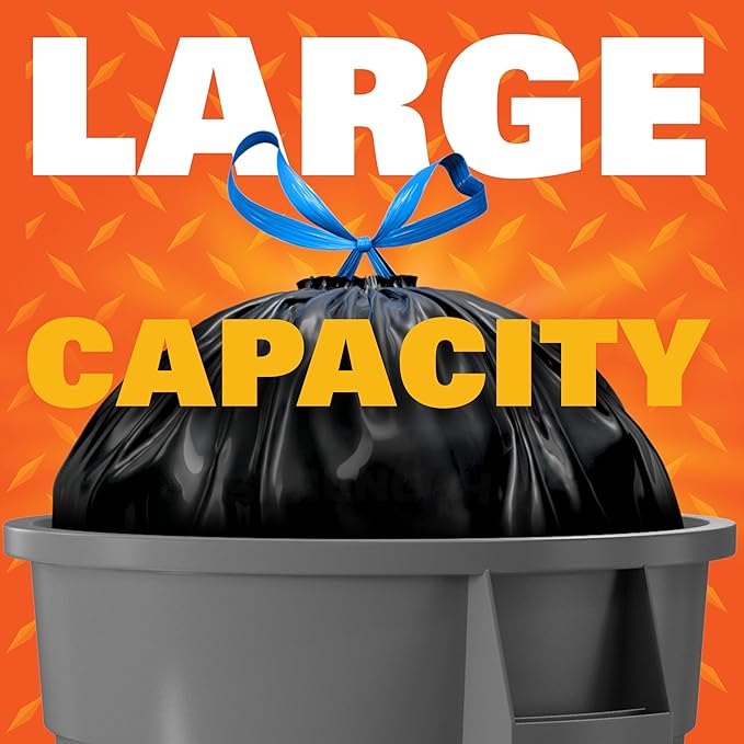 Hefty Strong 30 Gallon Trash Bags, Large Trash Bags 30 Gallon Size, Durable Drawstring Enclosure, Resists Punctures, Leaks, and Tears, Black, Unscented, 56 Bags (Pack of 3)