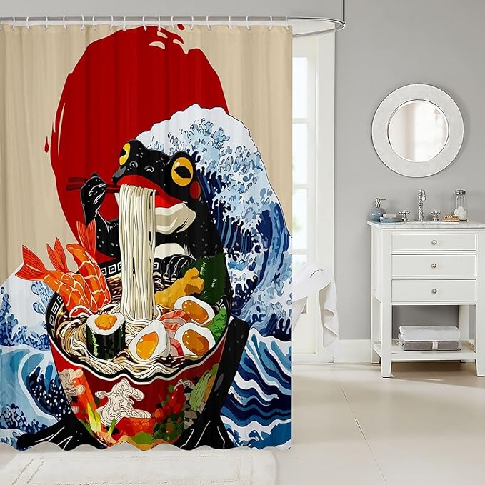 Japanese Frog Shower Curtain Set,Japanese Lamian Noodles Bathroom Curtain ,Kids Boys Teens Retro Vkiyoe Sunset Wave Waterproof Fabrics Funny Anime Style Bathtub Decor with 12 Hooks,72"W x 78"L
