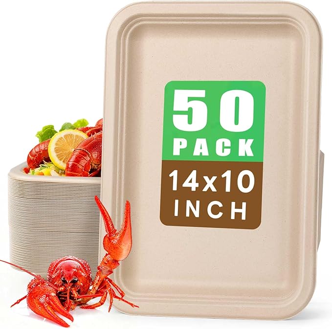 Gezond 50 Pack 14 Inch Disposable Food Trays Eco-friendly Heavy-Duty Large Paper Plates Compostable Sugarcane Platters for Crawfish Lobster Seafood Party Natural