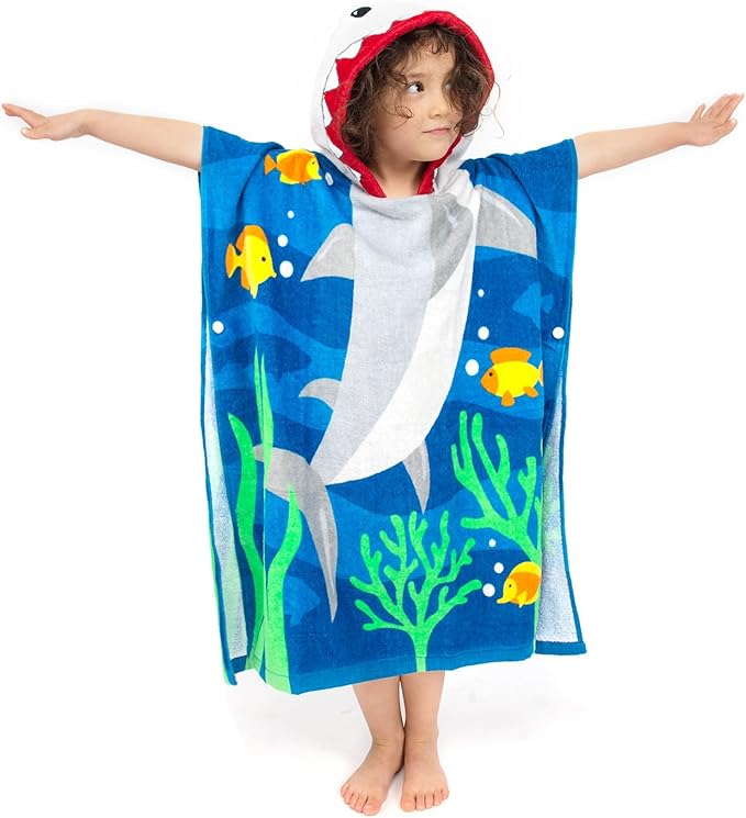 Florica Toddler Hooded Beach Towel Coverup Cape Kids 100% Cotton Soft Quick Dry Absorbent Use for Swim Pool Bath Poncho Towels for 3 to 8 Years Old Children Size 24"x 55" in Full-Length (Brave Shark)