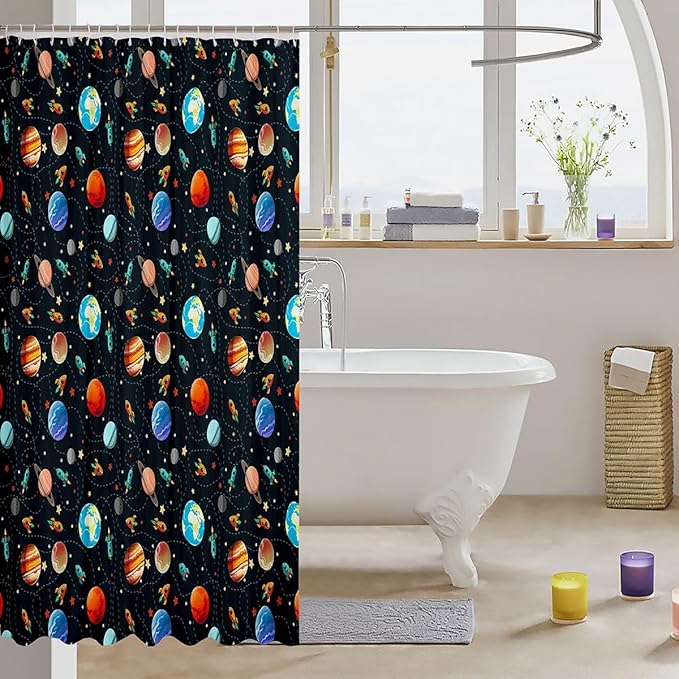 Feelyou Kids Galaxy Shower Curtain Outer Space Solar System Bath Curtain for Teens Decor Space Rocket Bathroom Shower Curtain Set Universe Planets Colorful Kids Bathroom Accessories 72"x78"