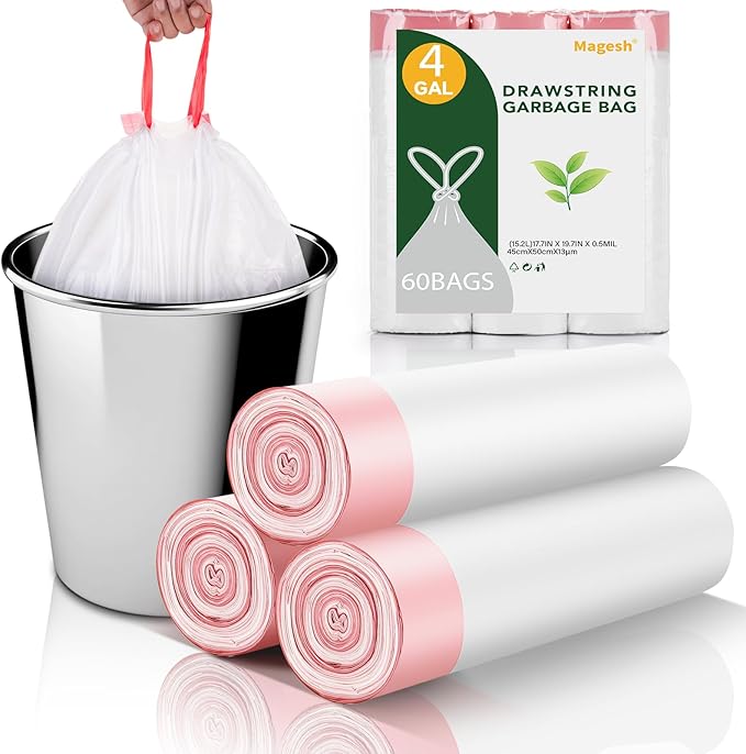 Small Drawstring Garbage Bags 4 Gallon - Unscented Clear White 4 Gal Trash Bags 60 Count 15 Liters Strong Plastic Mini Waste Basket Bathroom Office Liners for Home Kitchen Can Bulk Magesh