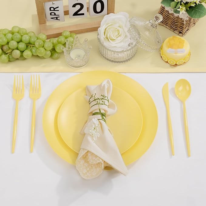 ejonirinjonir EI 150pcs Yellow Plastic Plates,Heavy Duty Bright Disposable Plate,Fancy Plastic Plates for Party,Yellow Dishes for Wedding,Easter,Afternoon Tea Party,Spring