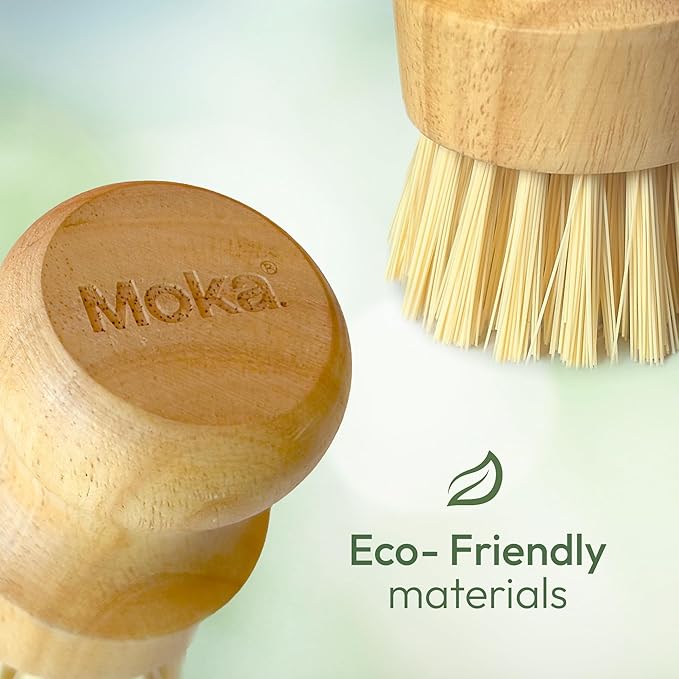 Moka Bamboo Dish Brush - Eco Friendly Scrub Brush with Natural Bristle - Premium Bamboo Dish Scrubber for Kitchen Cleaning, Dishes, Pots, and Pans - Sustainable and Durable