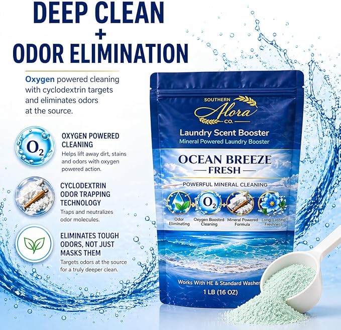 Oxygen Boosted Laundry Scent Booster Powder – Laundry Booster & Odor Eliminator, Laundry Freshener, Deep Clean Detergent Booster, Long Lasting Laundry Scent, HE Safe (1lb) (Ocean Breeze Fresh)