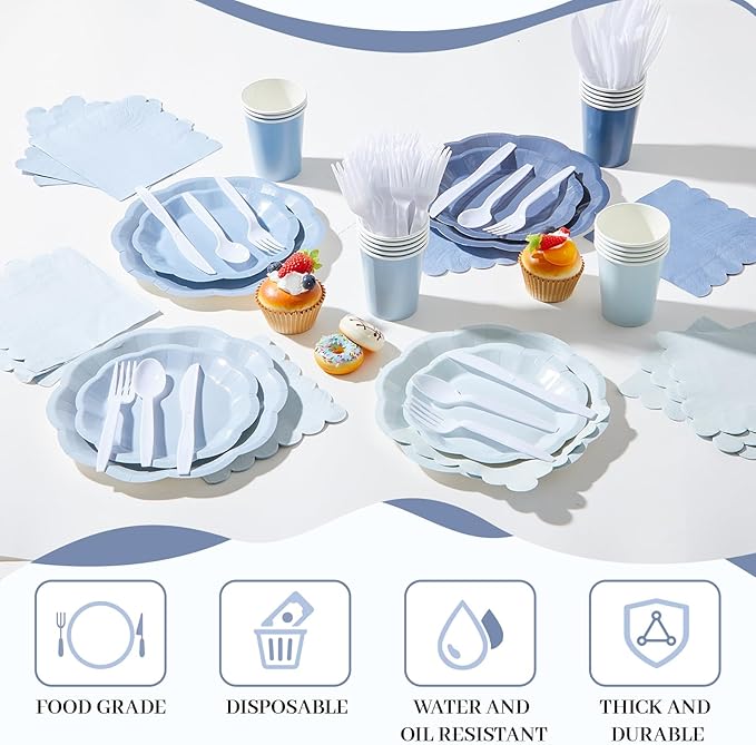 336 Pcs Dusty Blue Gradient Disposable Dinnerware Sets for 48 Guests, Blue Party Supplies Include Paper Plates, Cups, Napkins and Plastic Cutlery for Wedding, Birthday, Baby Shower Party