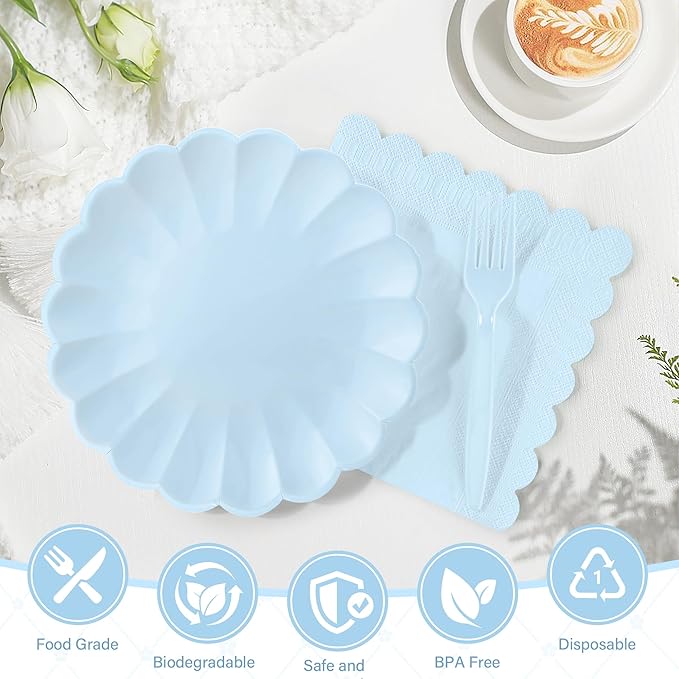 75 Pcs Blue Paper Plates and Napkins, Baby Blue Tableware Set Include Light Blue Scalloped Plates with Shell Edge, Napkins & Plastic Forks for Wedding Baby Shower Birthday Party, Serve for 25 Guests