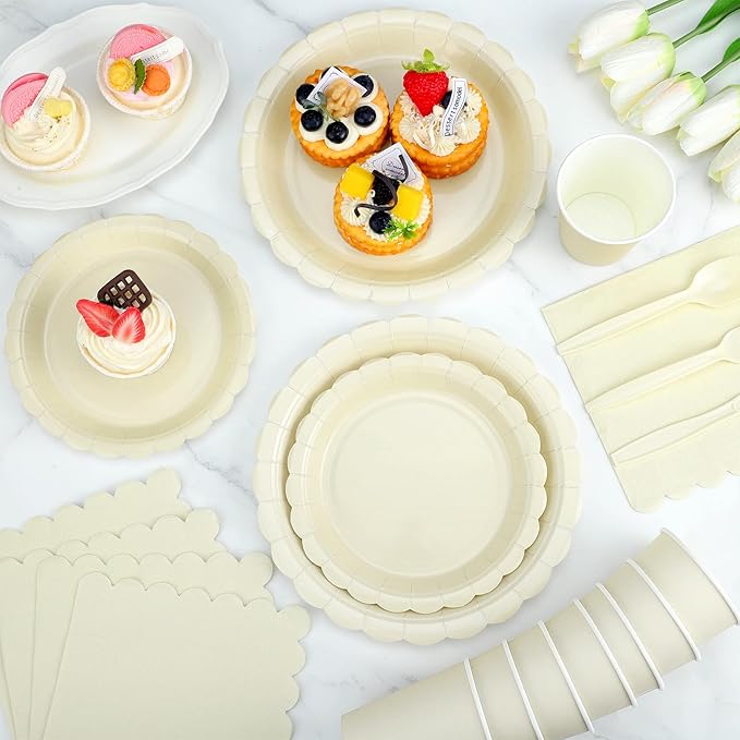 350 Pcs Ivory Dinnerware Sets, 9" Party Plates, 7" Cream Dessert Plate, 9oz Cups & Cutlery, 50 Guest Beige Scalloped Disposable Plates Set for Baby Bridal Shower, Wedding, Birthday