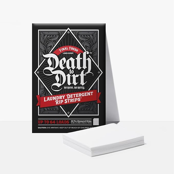 Death to Dirt Laundry Detergent Sheets, 64 Loads, Tough on Stains and Odors, Gentle on Skin and Fabric, Plant-Based & Eco-Friendly, Final Fresh Linen Scent, 32ct