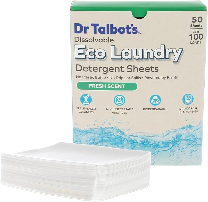 Dr. Talbot's Eco Laundry Detergent Sheets – Fresh Scent, Plant-Based, Biodegradable, No Harsh Additives, Dissolvable for Standard & HE Machines, 50 Sheets (Up to 100 Loads), Travel & Eco-Friendly