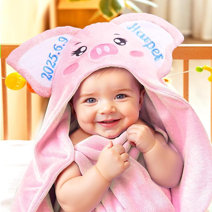 Custom Hooded Baby Towel with Name, Personalized Soft Absorbent Piggy Bath Towel, Shower Towels for Girls Boys, Easter Brithday for Kids Baby, Toddler, Newborn Essential