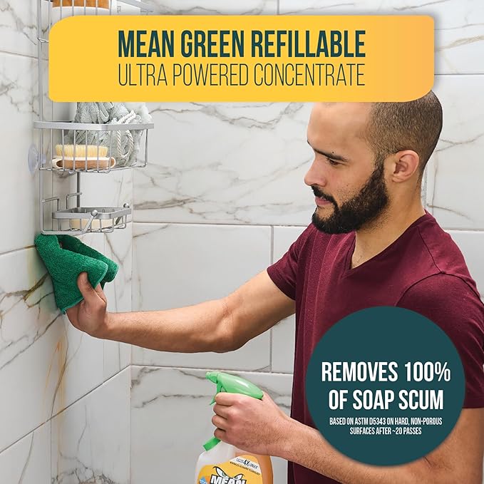 Mean Green Refillable Ultra Powered Bathroom Cleaner Concentrate, Tropical Breeze, 14.3 fl oz – Plant & Mineral Based, Removes 100% of Soap Scum, Refillable Bottle Makes 4X Refills