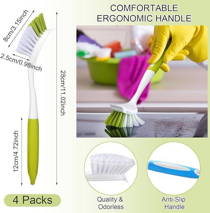 Didaey Dish Brush with Handle Kitchen Scrub Brush Pot and Pan Cleaning Dish Scrubber with Stiff Bristle for Cookware Sink Washing Household, 4 Colors, 11.02 x 3.15 x 0.98 Inch(4 Pcs)