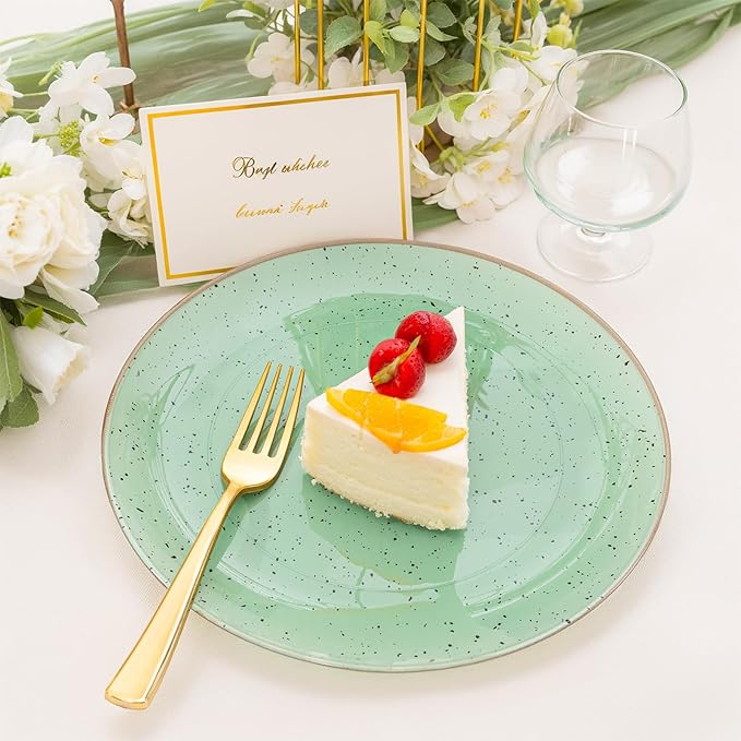 Liacere 32PCS Green Plastic Plates - Green Stone Plastic Disposable Tableware Plates Modern Dinnerware Set - Wedding & Warm Winter & Party & St. Patrick's Day & Easter Day