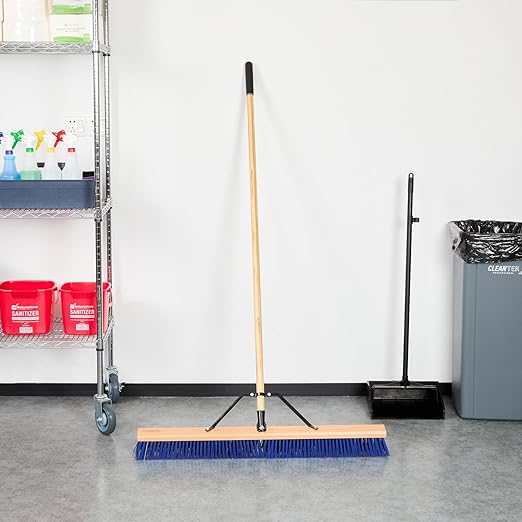 Restaurantware-Clean Tek Professional 36 Inch Push Broom, 1 Heavy-Duty Broom with 60” Handle - Medium Plastic Bristles, Durable, Wooden, Commercial Use, for Deck, Driveway, Garage, Yard, Patio