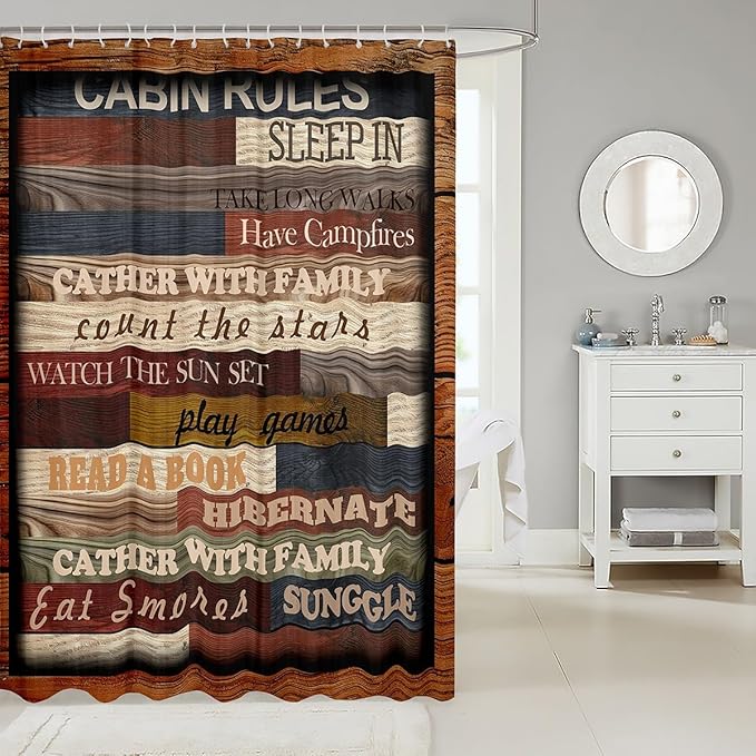 Feelyou Vintage Family Cabin Rules Bath Curtain Lettering Linen Shower Curtain for Kids Boys Colorful Wood Background Brown Red Bathroom Shower Curtain Set Colorful Kids Bathroom Accessories 72"x84"