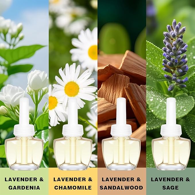 Plug In Refills Air Freshener, Lavender & Gardenia, Lavender & Chamomile, Sage, Sandalwood, for Home and Bathroom, 5.28 Fl Oz 8 Count, Compatible with Air Wick & Glade, Not Include Glade Plus